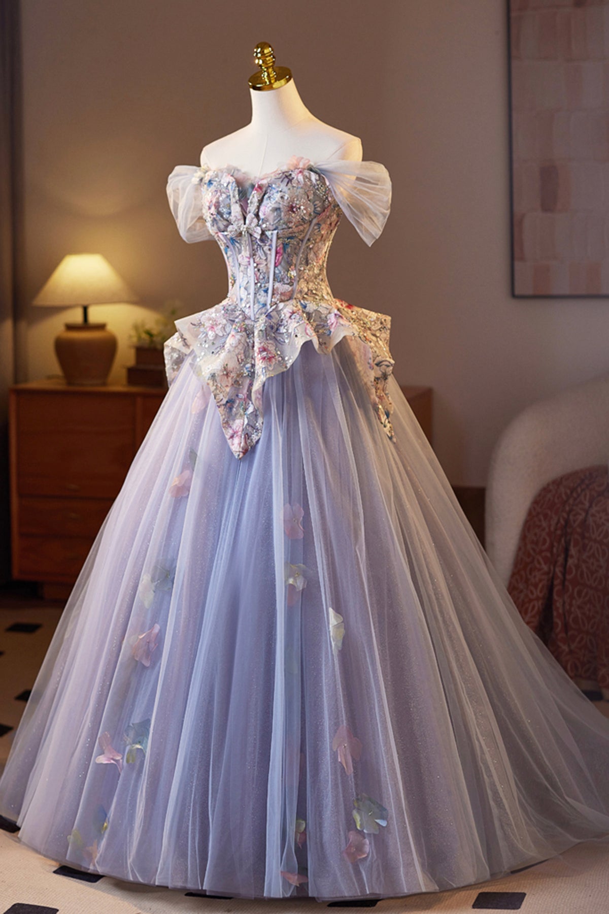 Lilac Tulle Floral Long Prom Dress, Beautiful A-Line Evening Party Dress