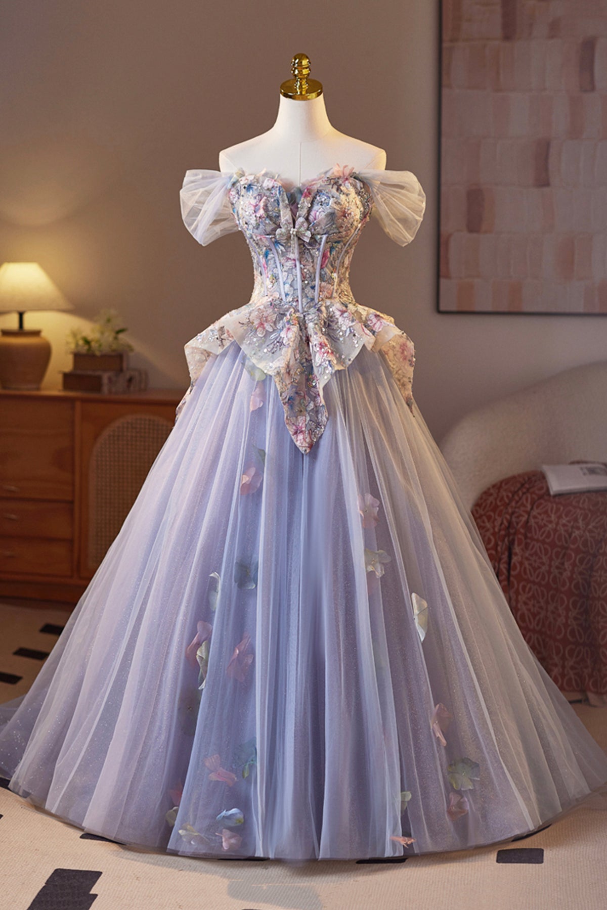 Lilac Tulle Floral Long Prom Dress, Beautiful A-Line Evening Party Dress