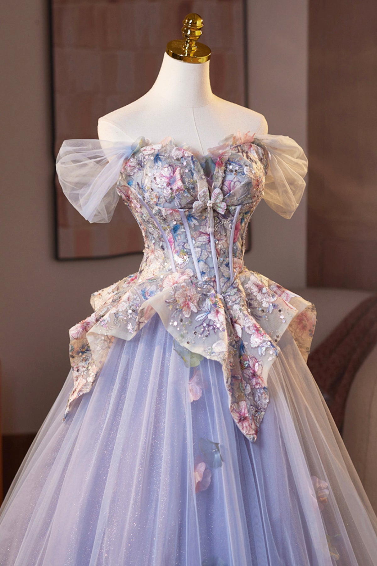Lilac Tulle Floral Long Prom Dress, Beautiful A-Line Evening Party Dress