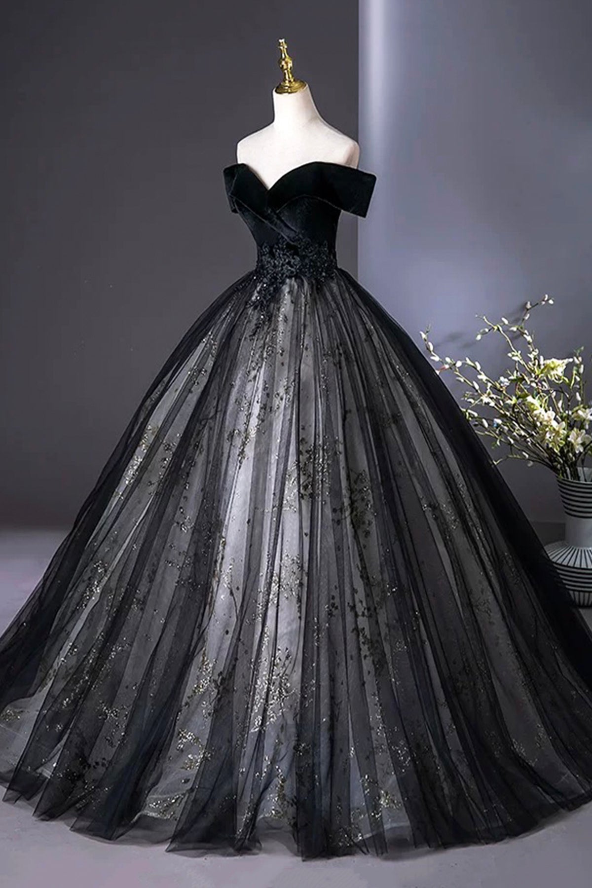 Black Velvet Sequins Long A-Line Prom Dress, Elegant Off the Shoulder Party Dress