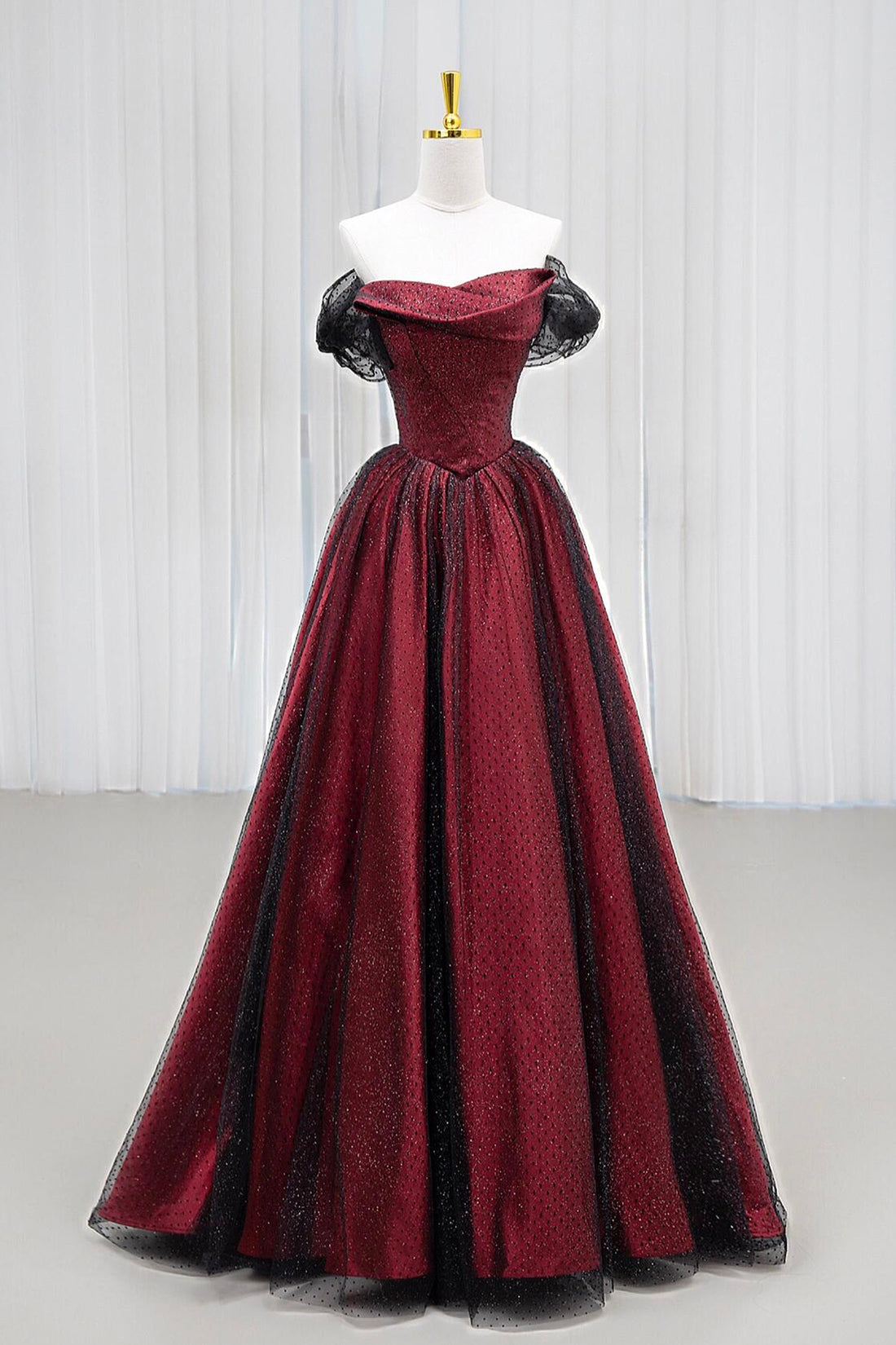Black Tulle and Burgundy Satin Long Prom Party Dress