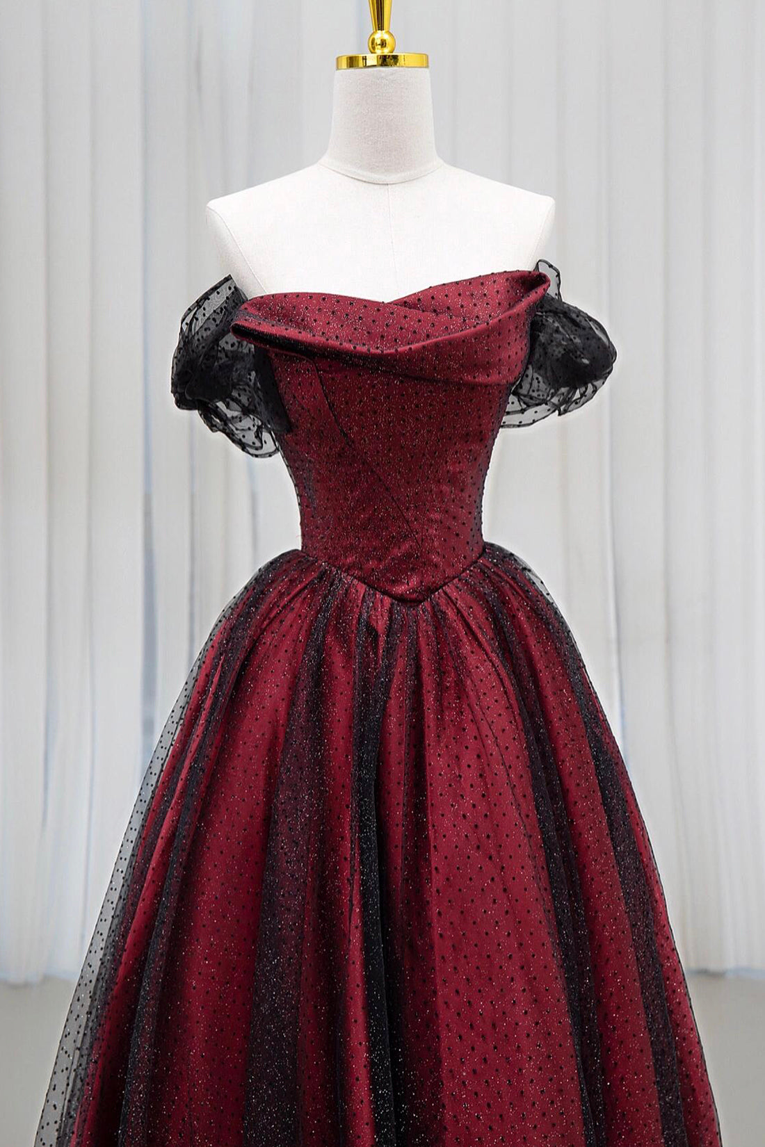 Black Tulle and Burgundy Satin Long Prom Party Dress