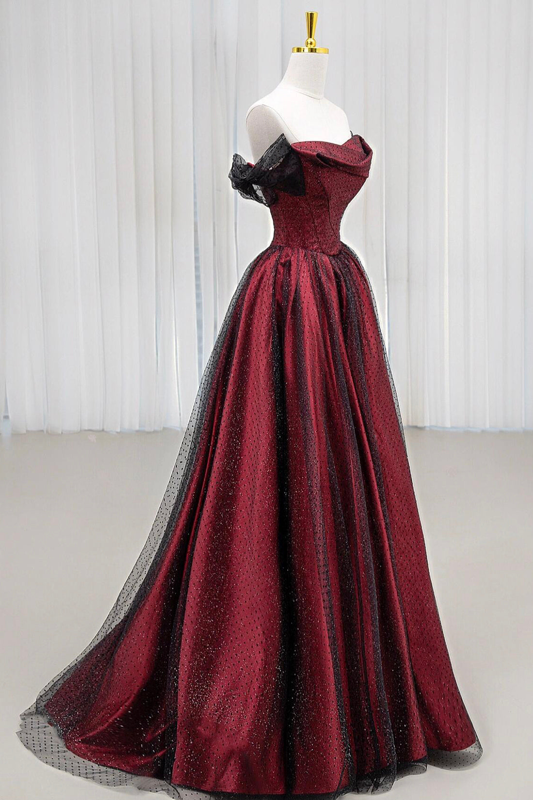 Black Tulle and Burgundy Satin Long Prom Party Dress
