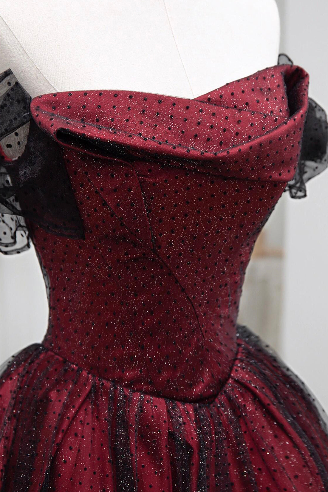 Black Tulle and Burgundy Satin Long Prom Party Dress