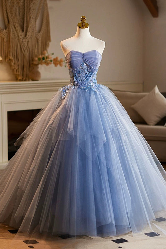 Blue Strapless Tulle Long A-Line Prom Party Dress