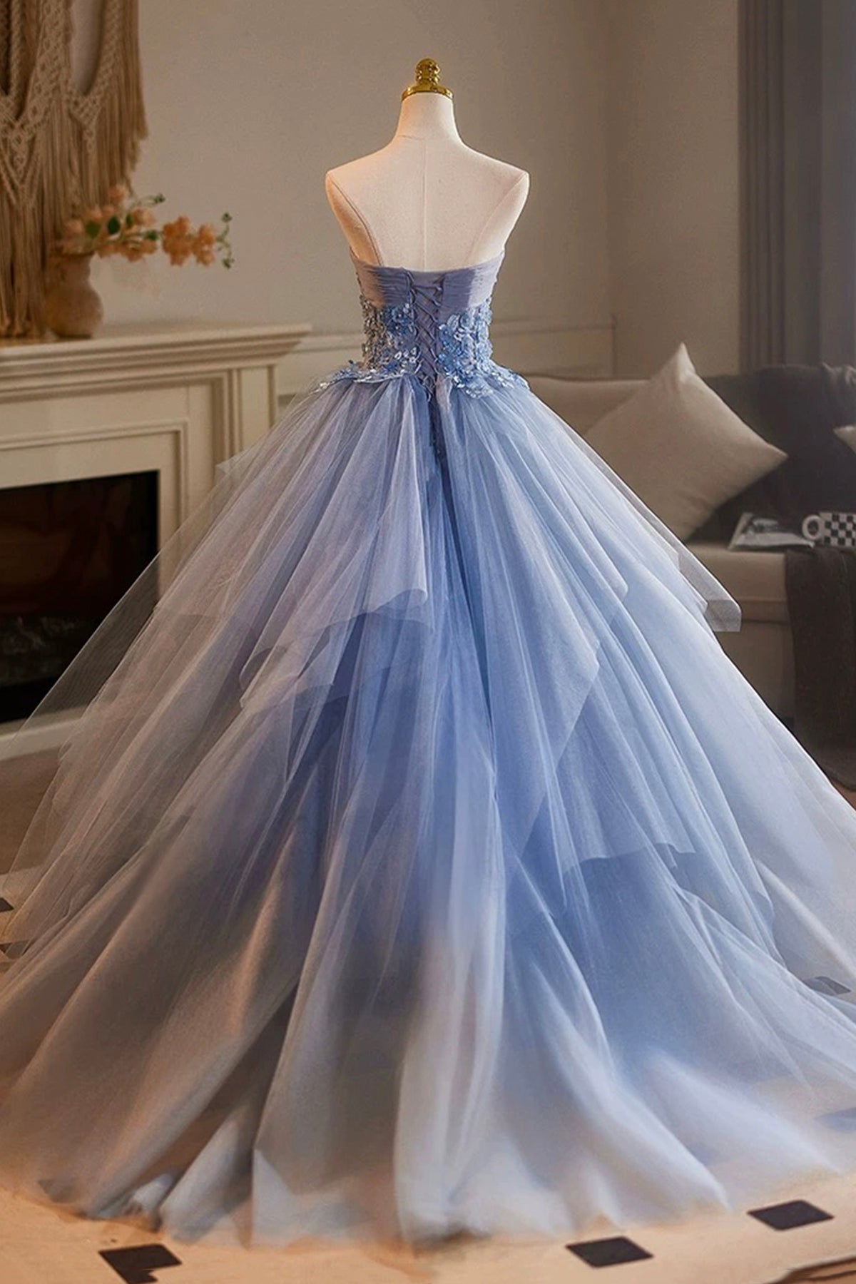 Blue Strapless Tulle Long A-Line Prom Party Dress