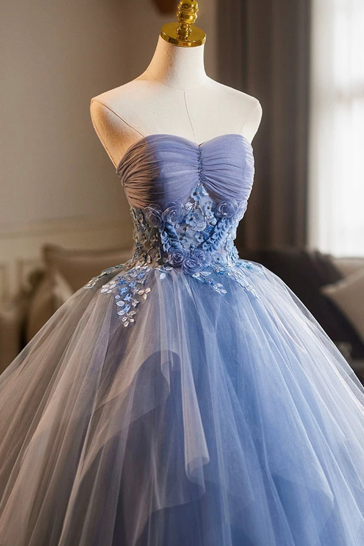 Blue Strapless Tulle Long A-Line Prom Party Dress