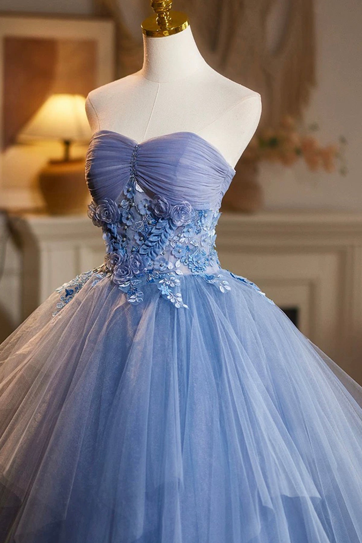 Blue Strapless Tulle Long A-Line Prom Party Dress