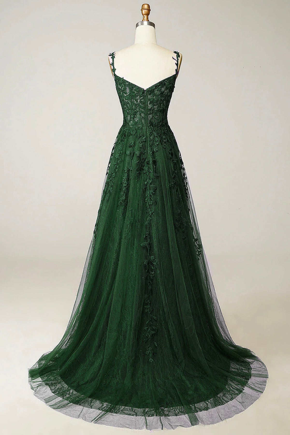 Green Tulle Lace Long Prom Dress, Lovely A-Line Spaghetti Strap Party Dress