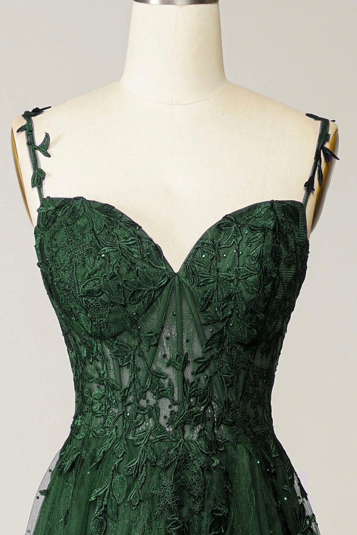 Green Tulle Lace Long Prom Dress, Lovely A-Line Spaghetti Strap Party Dress