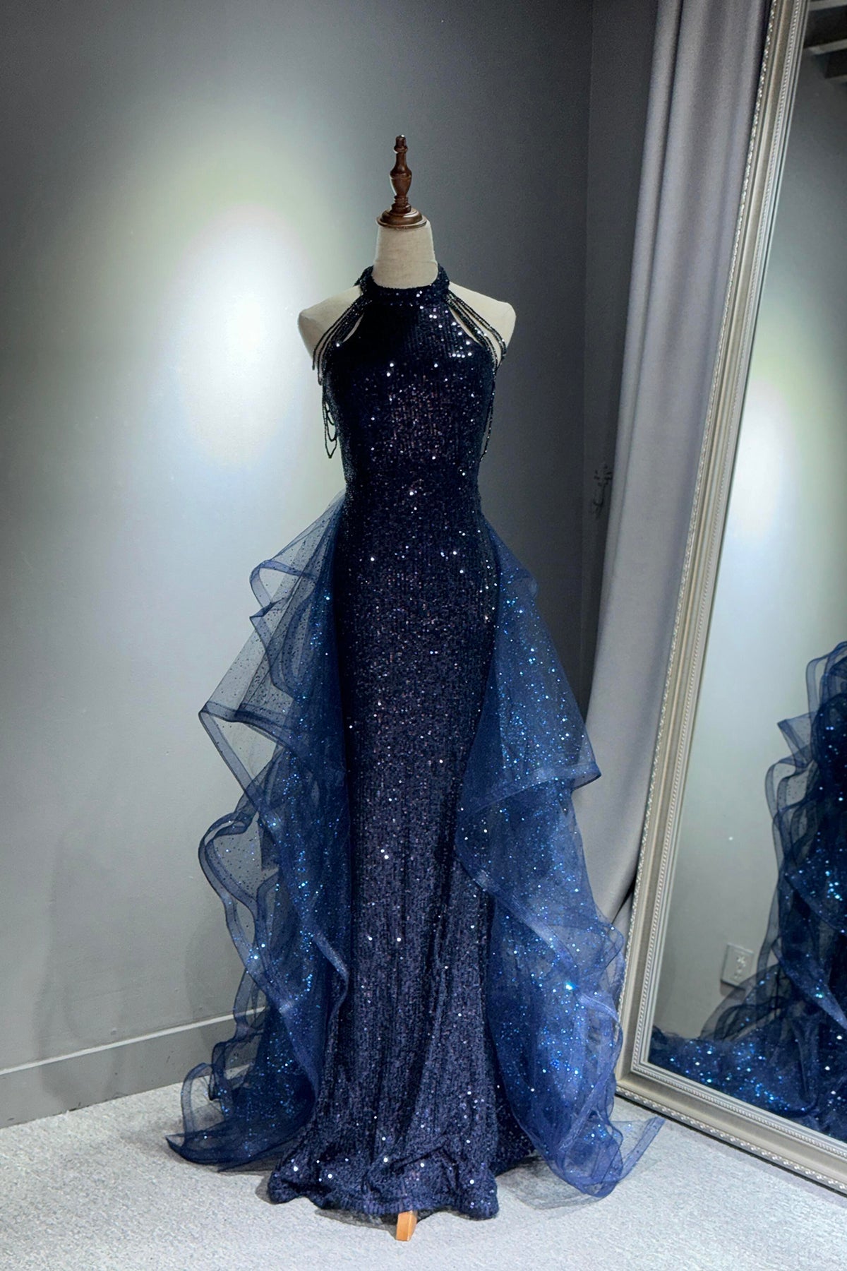 Blue Tulle Sequins Long Prom Dress, Elegant Halter Evening Party Dress