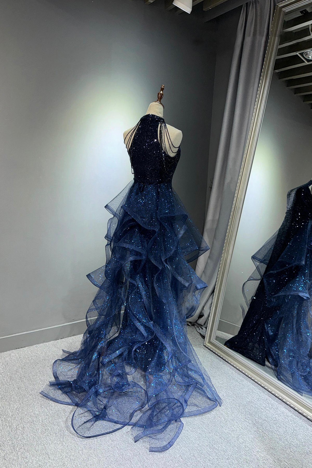 Blue Tulle Sequins Long Prom Dress, Elegant Halter Evening Party Dress