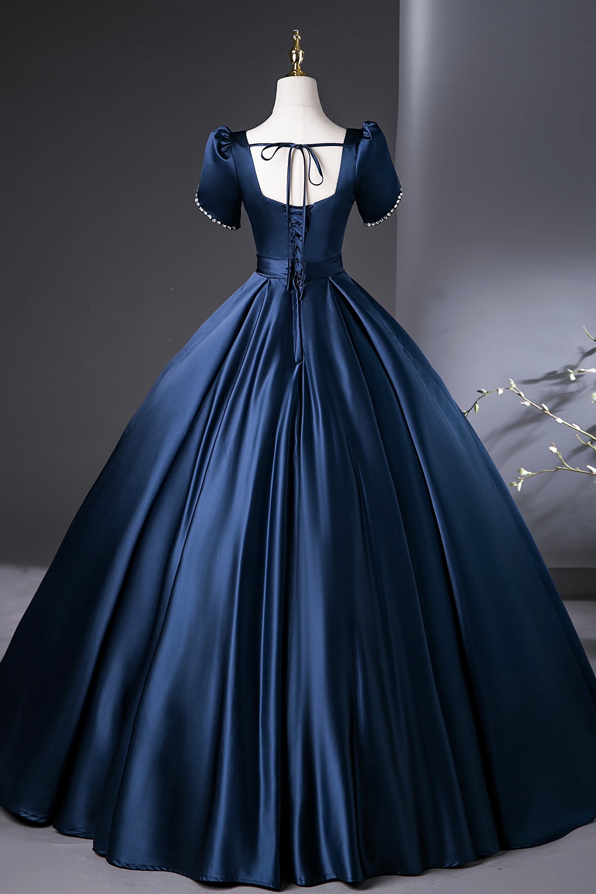 Navy Satin Long Prom Dress, Elegant A-Line Short Sleeve Party Dress