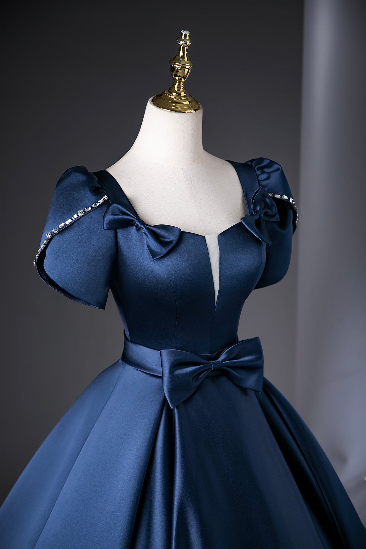 Navy Satin Long Prom Dress, Elegant A-Line Short Sleeve Party Dress