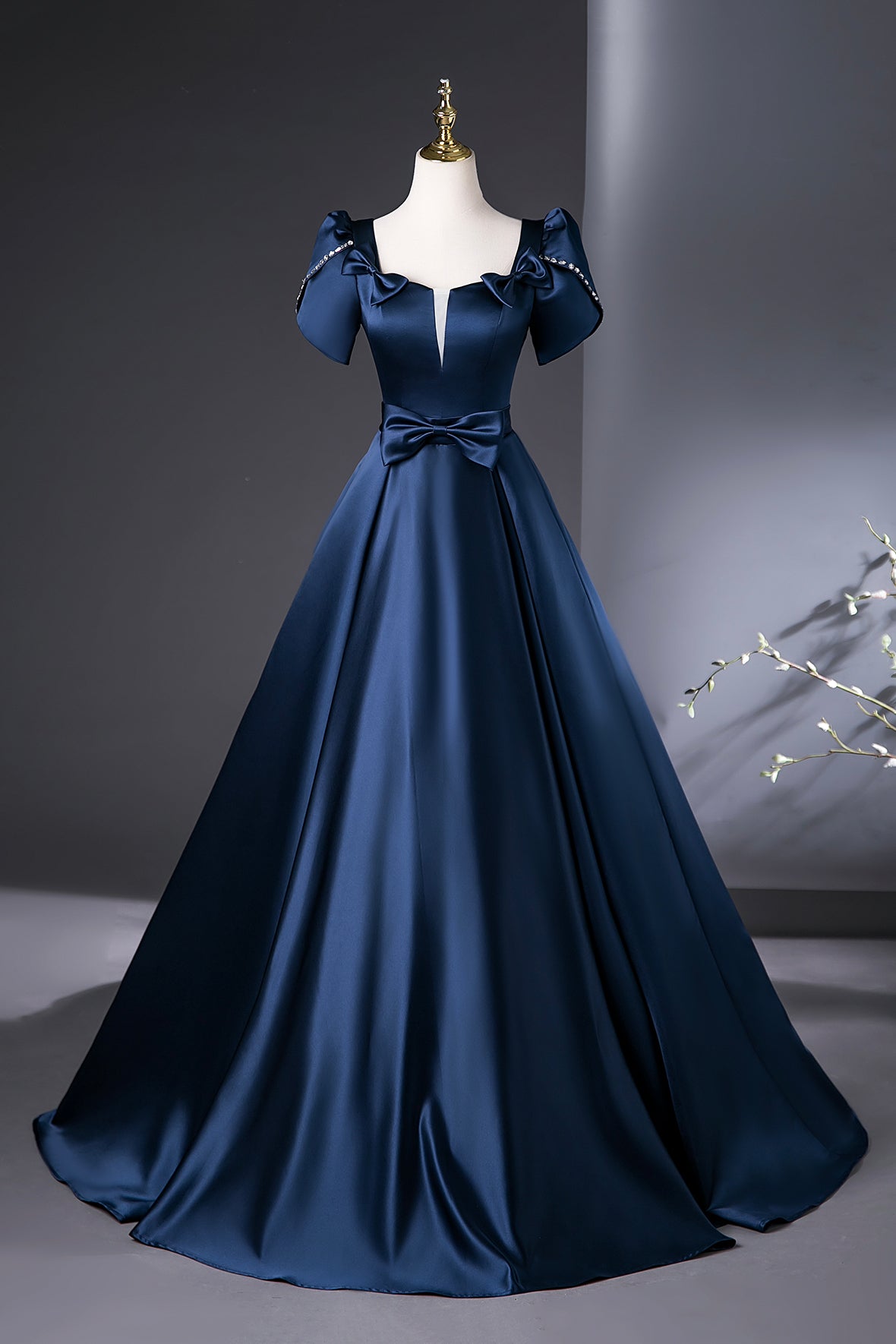 Navy Satin Long Prom Dress, Elegant A-Line Short Sleeve Party Dress