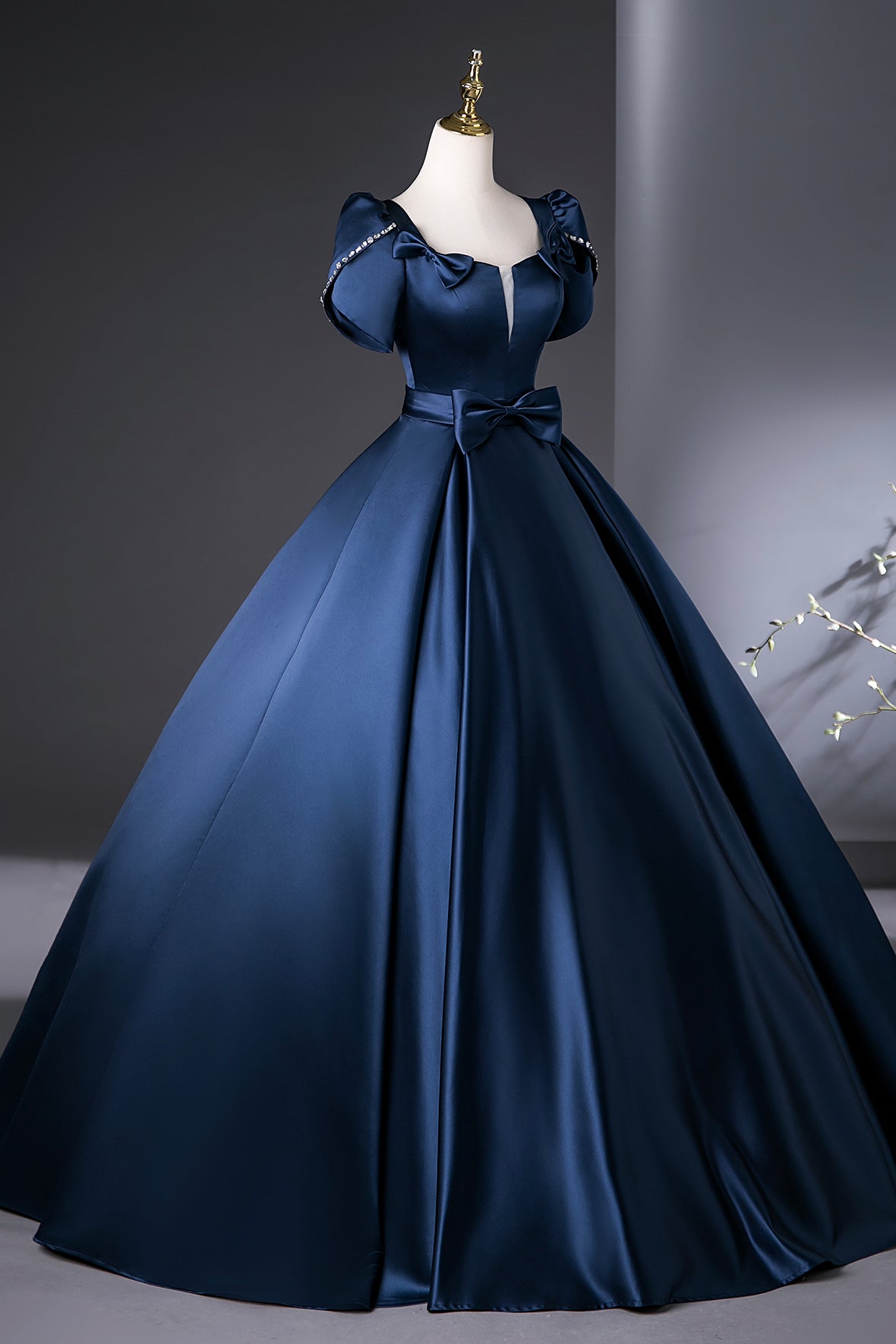 Navy Satin Long Prom Dress, Elegant A-Line Short Sleeve Party Dress