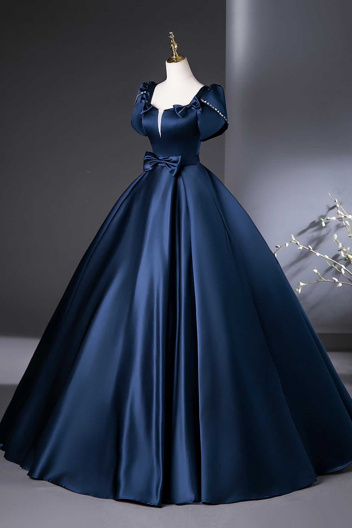 Navy Satin Long Prom Dress, Elegant A-Line Short Sleeve Party Dress