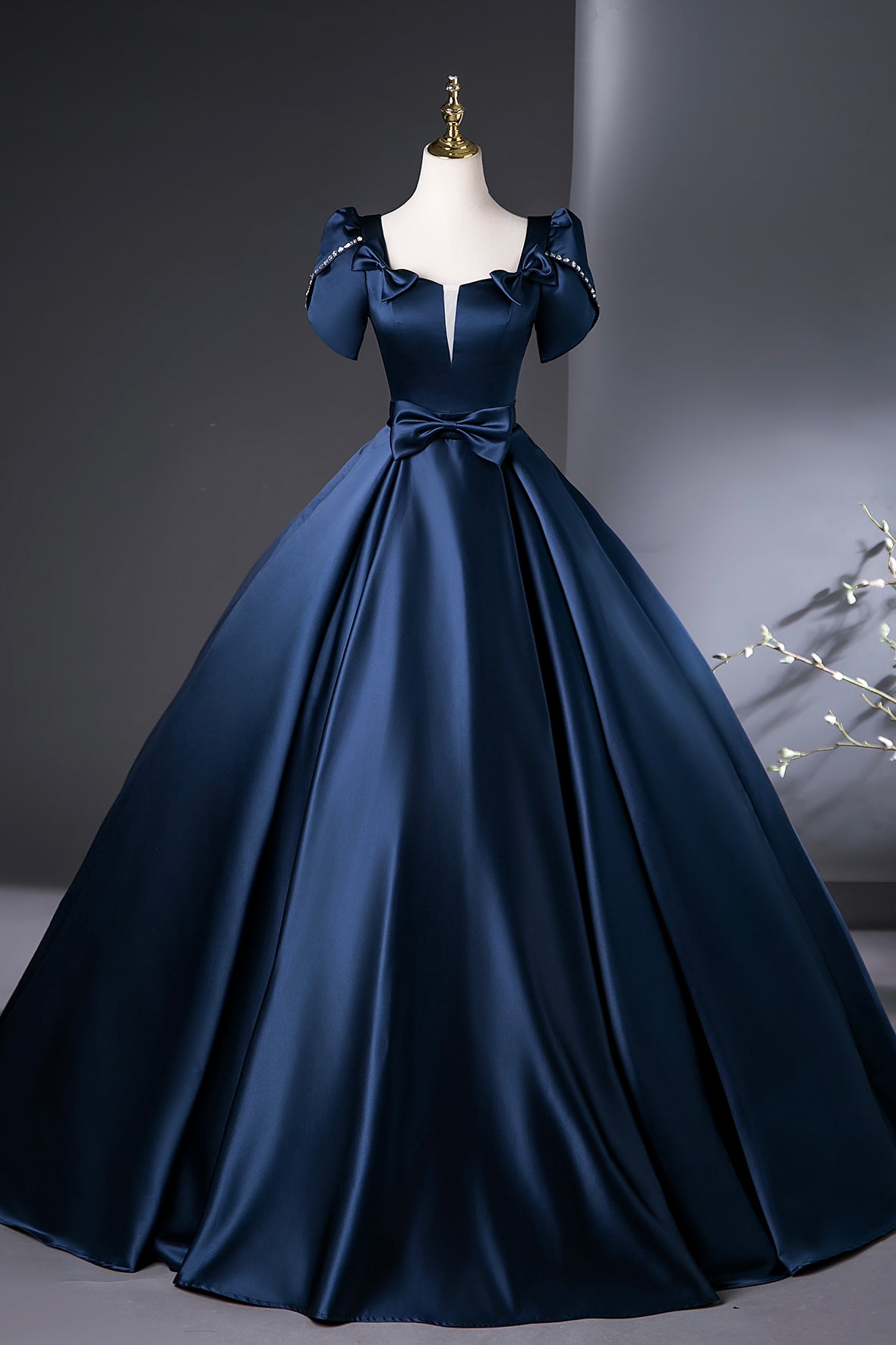 Navy Satin Long Prom Dress, Elegant A-Line Short Sleeve Party Dress