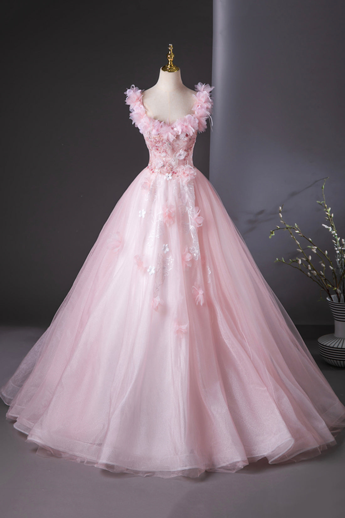 Pink Flower Fairy Tulle Long Formal Dress, Pink Off the Shoulder Party Dress