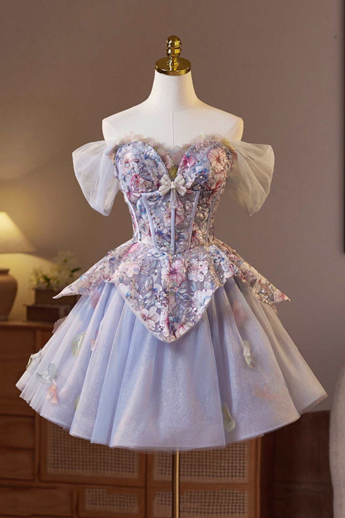 Lilac Tulle Floral Short Prom Dress, Beautiful A-Line Evening Party Dress