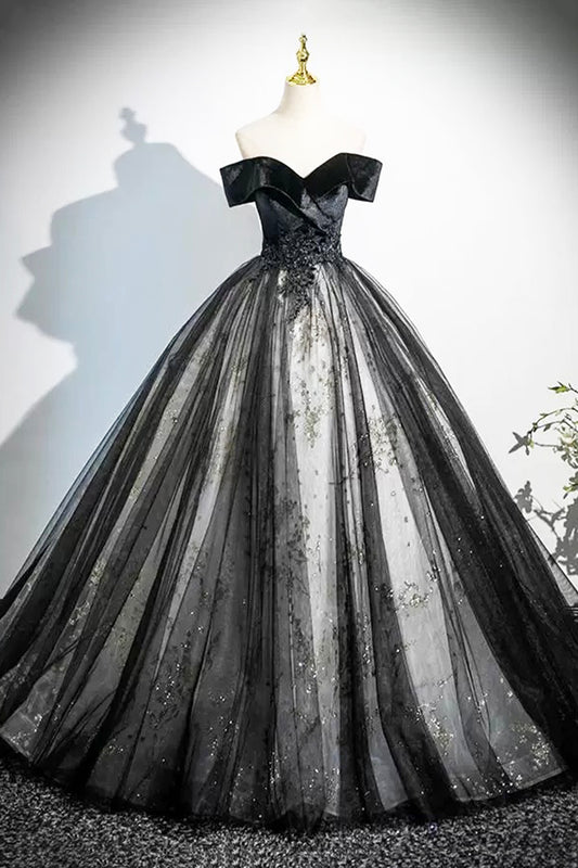 Black Velvet Sequins Long Prom Dress, Elegant Off the Shoulder Party Dress