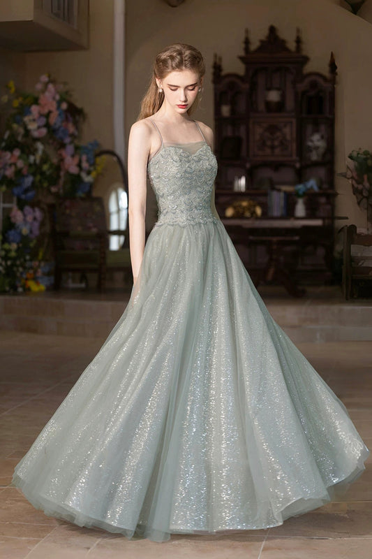 Gray Green Tulle Sequins Long Prom Dress, A-Line Spaghetti Strap Party Dress