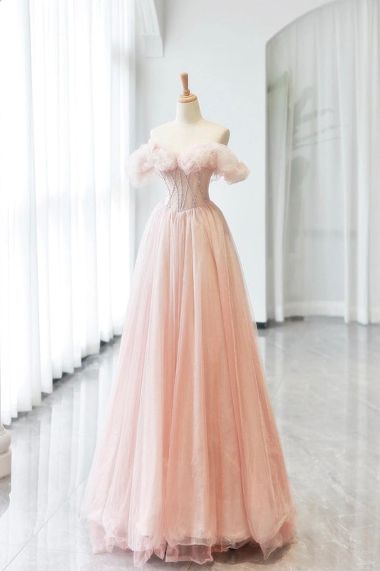 Pink Tulle Long Prom Dress with Corset, Beautiful A-Line Evening Party Dress