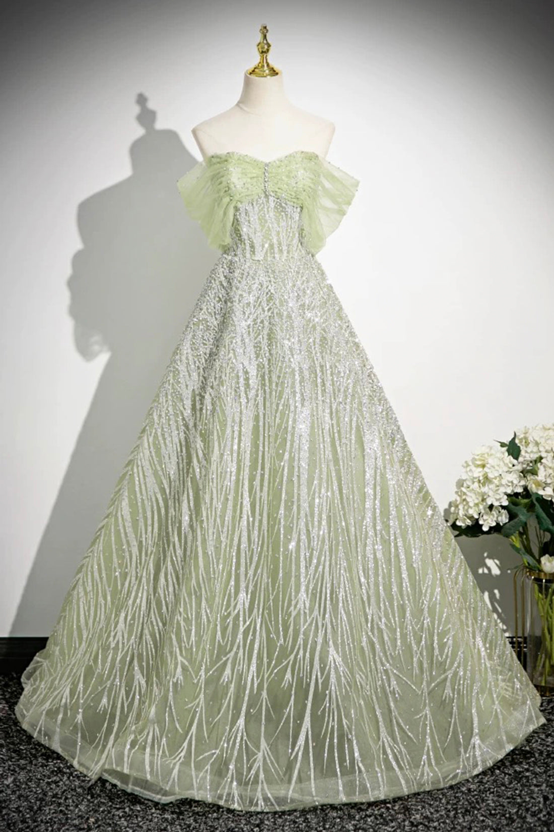Green Tulle Sequins Long Prom Dress, A-Line Off the Shoulder Party Dress