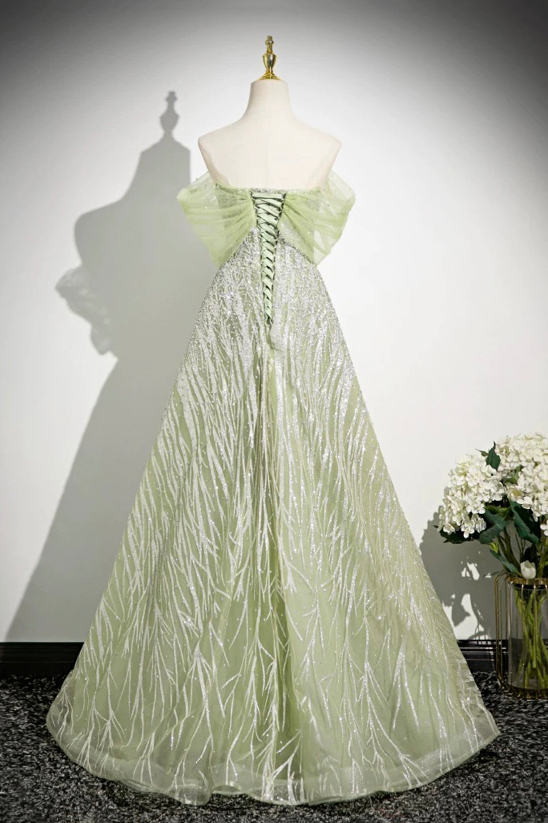 Green Tulle Sequins Long Prom Dress, A-Line Off the Shoulder Party Dress