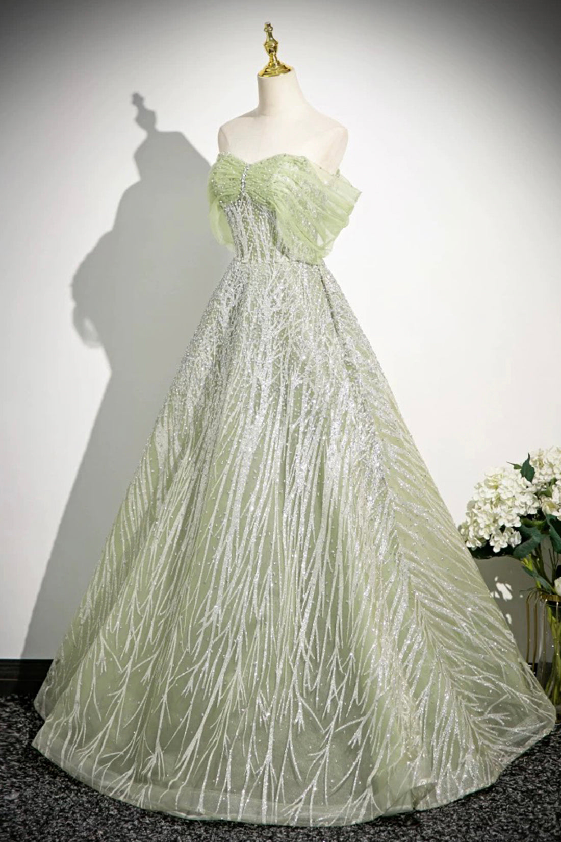 Green Tulle Sequins Long Prom Dress, A-Line Off the Shoulder Party Dress
