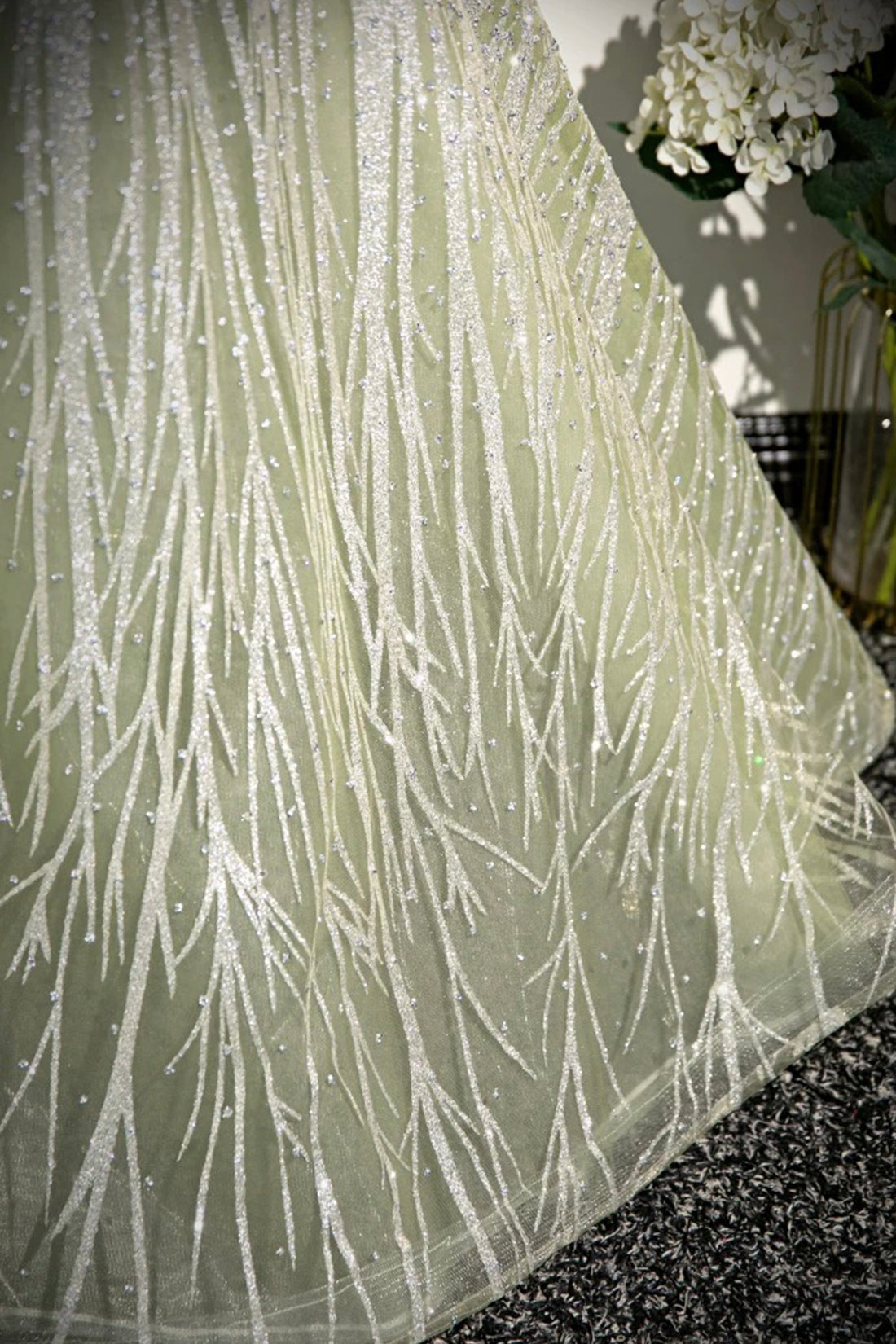 Green Tulle Sequins Long Prom Dress, A-Line Off the Shoulder Party Dress