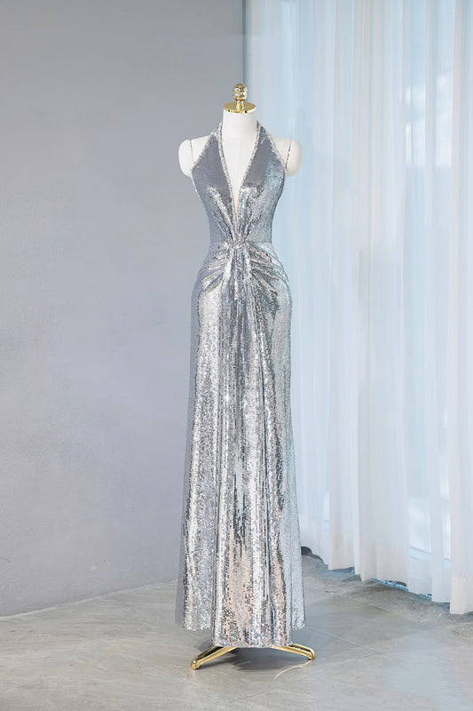 Silver V-neck Sequins Long Prom Dress, Shiny Backless Evening Party Dress