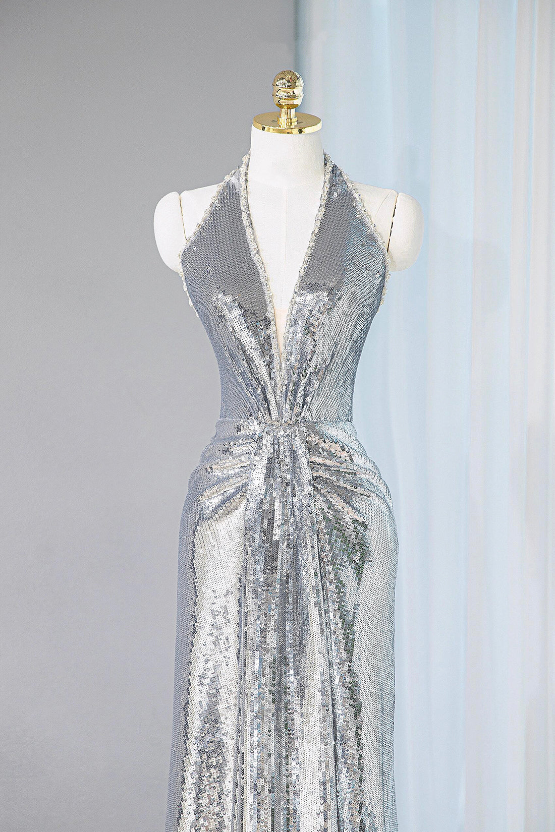 Silver V-neck Sequins Long Prom Dress, Shiny Backless Evening Party Dress