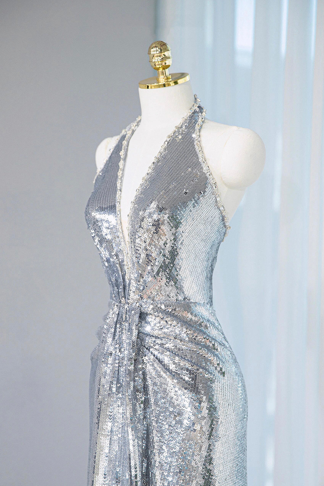 Silver V-neck Sequins Long Prom Dress, Shiny Backless Evening Party Dress