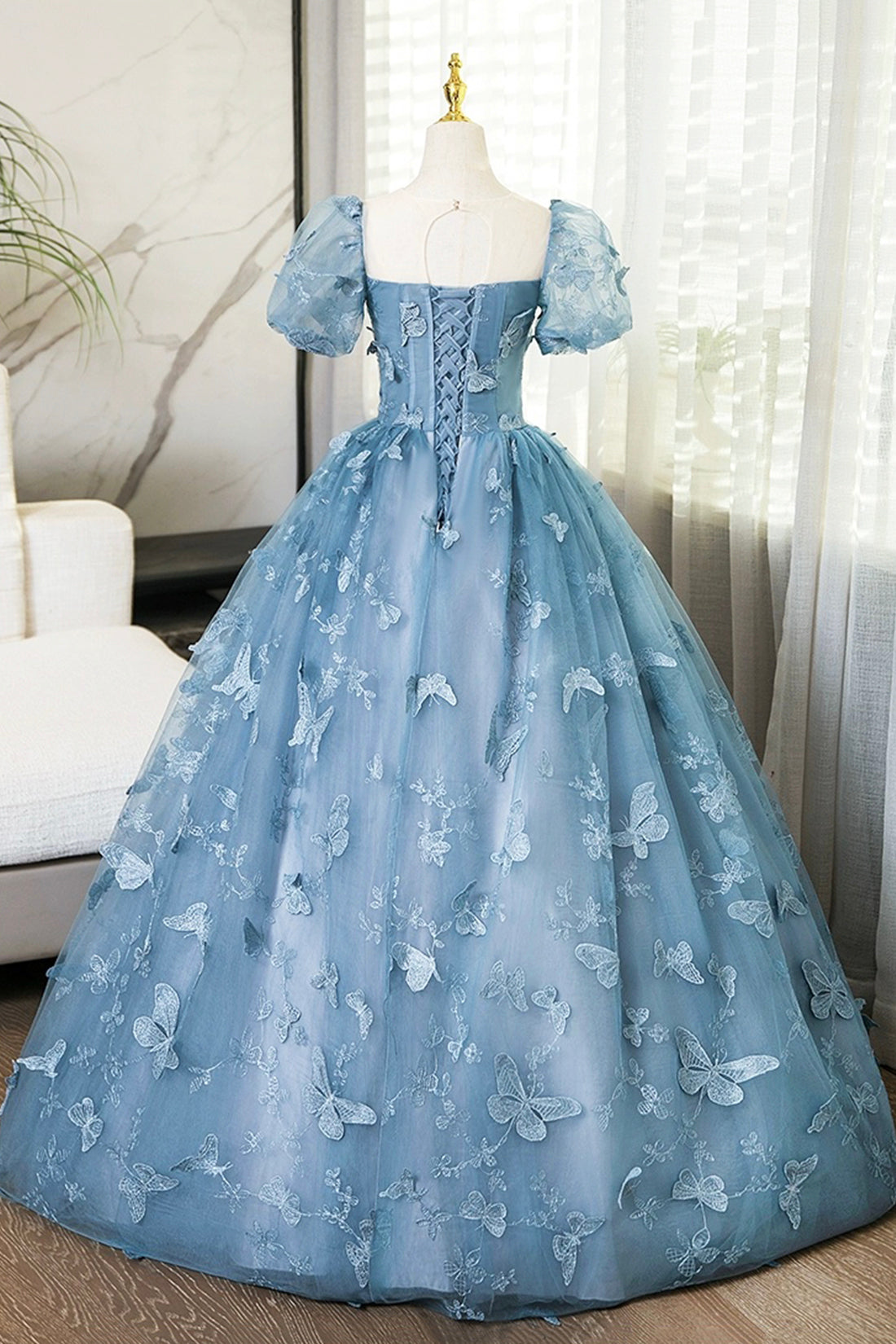 Blue Tulle Lace Floor Length Prom Dress, Elegant A-Line Short Sleeve Evening Party Dress