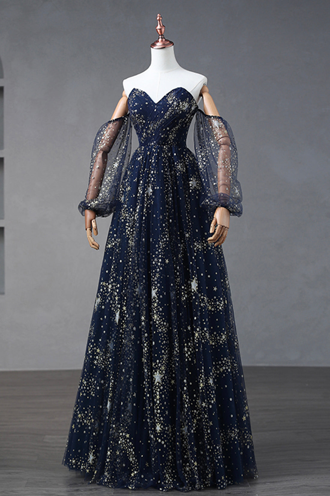 Navy Blue Star Tulle Floor Prom Dress, A-Line Long Sleeve Evening Formal Dress