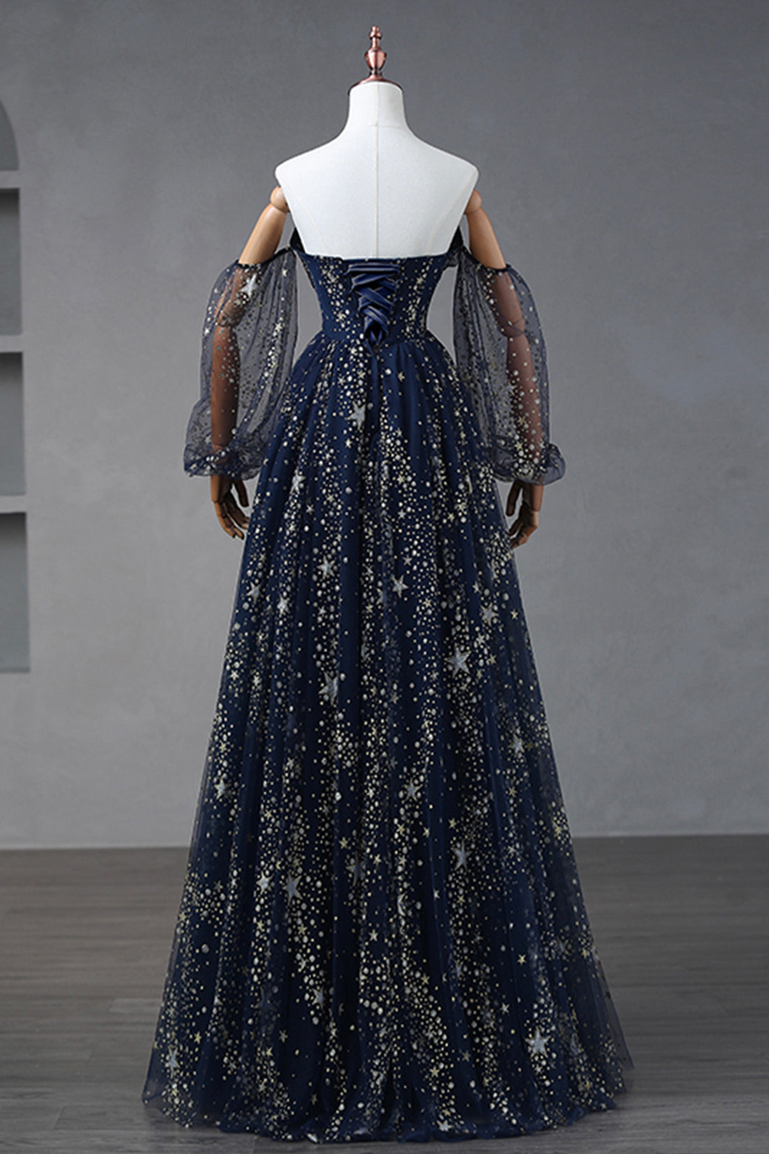 Navy Blue Star Tulle Floor Prom Dress, A-Line Long Sleeve Evening Formal Dress