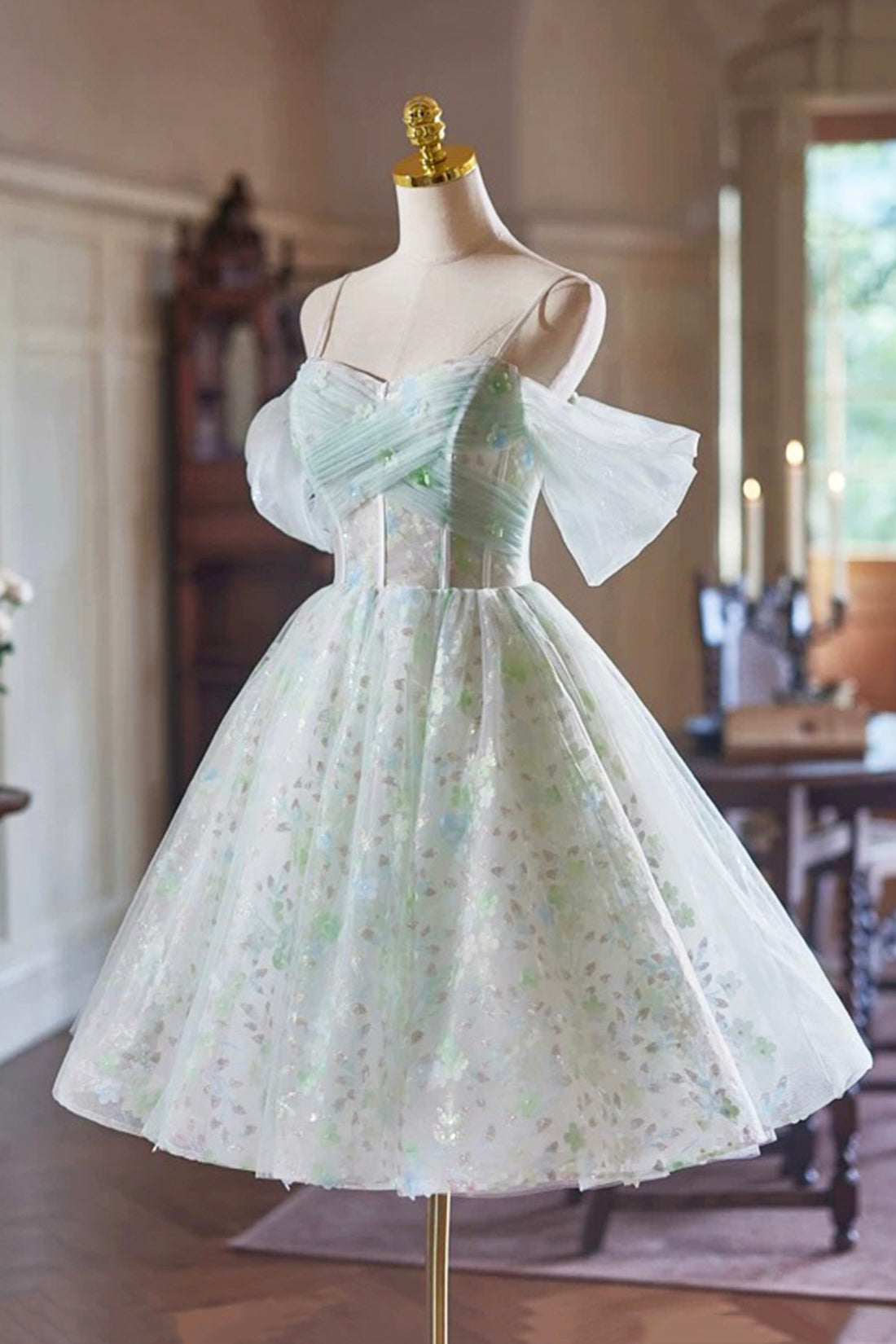 Lovely A-Line Tulle Short Prom Dress, Green Off the Shoulder Evening Party Dress