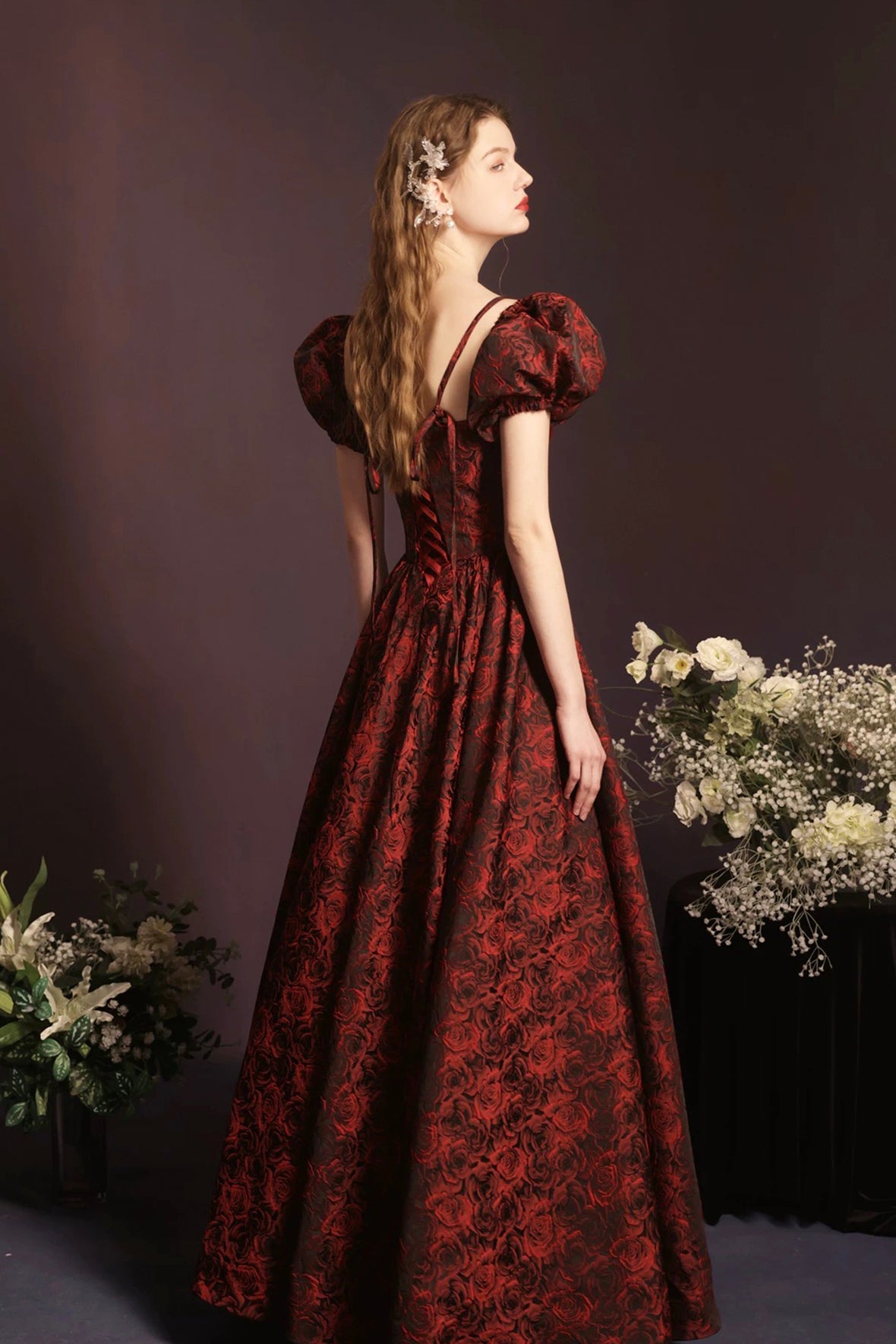 Beautiful Rose Print Long Prom Dress, A-Line Off the Shoulder Evening Party Dress