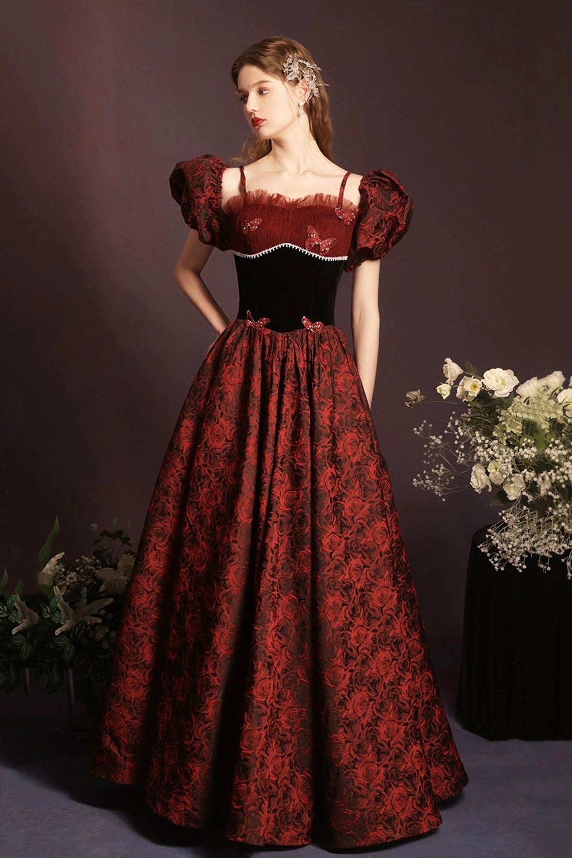 Beautiful Rose Print Long Prom Dress, A-Line Off the Shoulder Evening Party Dress