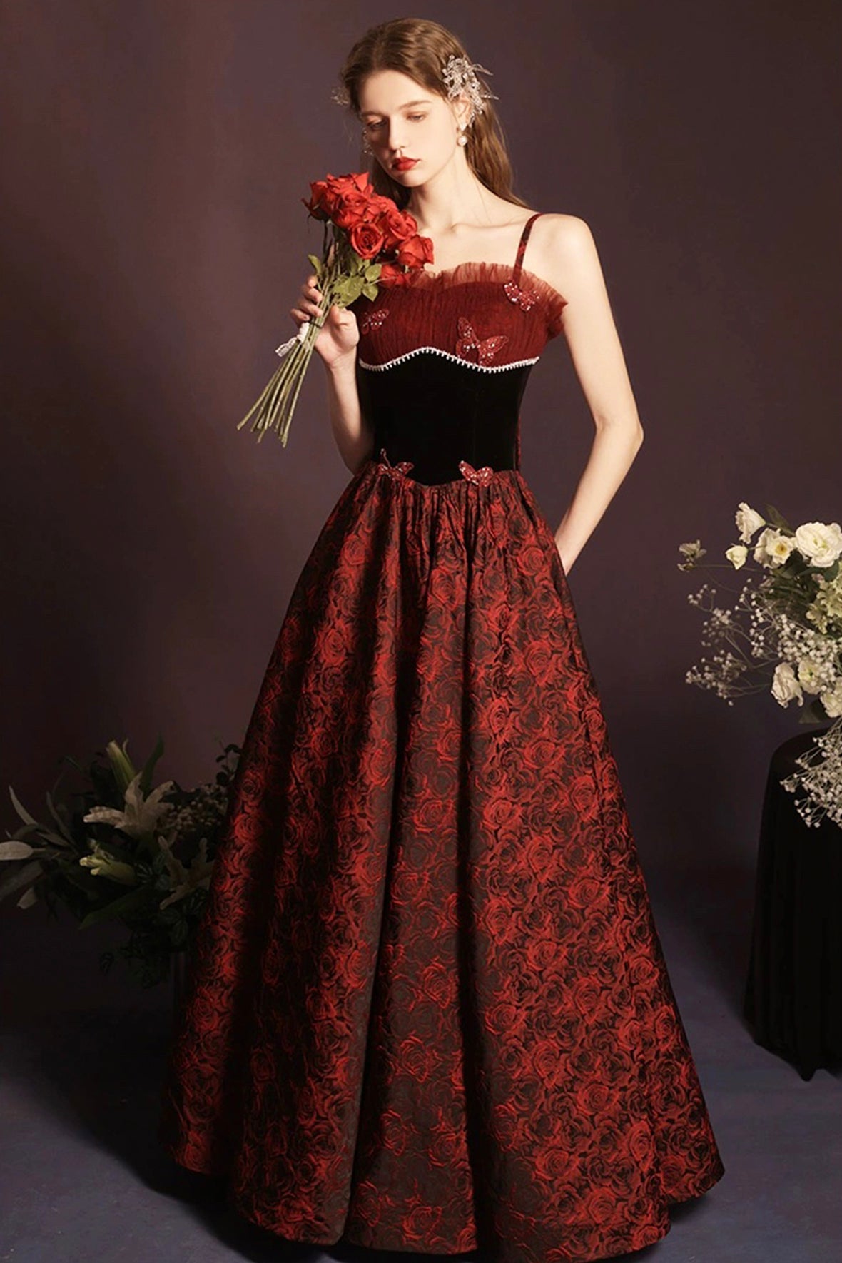 Beautiful Rose Print Long Prom Dress, A-Line Off the Shoulder Evening Party Dress