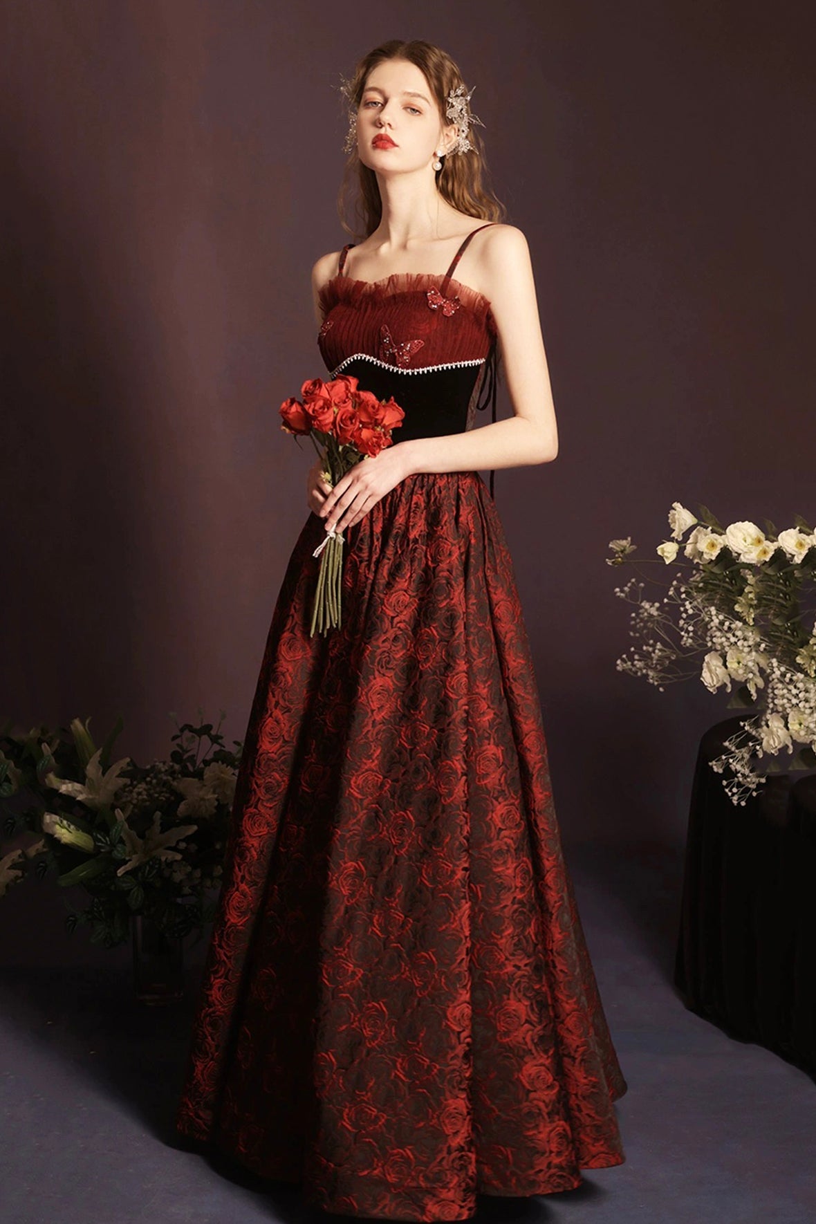 Beautiful Rose Print Long Prom Dress, A-Line Off the Shoulder Evening Party Dress