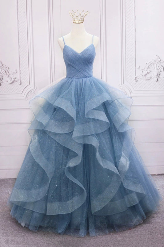 Blue Tulle A-line Long Prom Dress, Blue Straps Formal Dress Party Dress