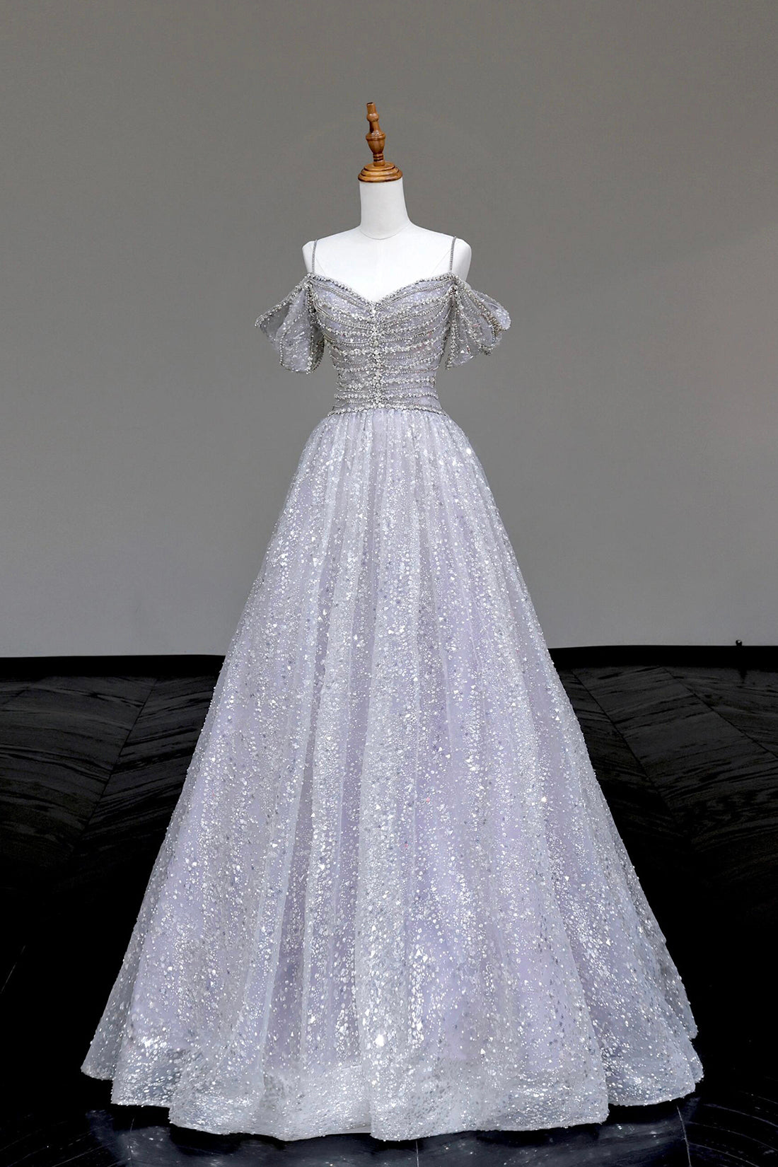 Shiny Tulle Sequins Long Prom Dress, Beautiful Off the Shoulder Evening Party Dress