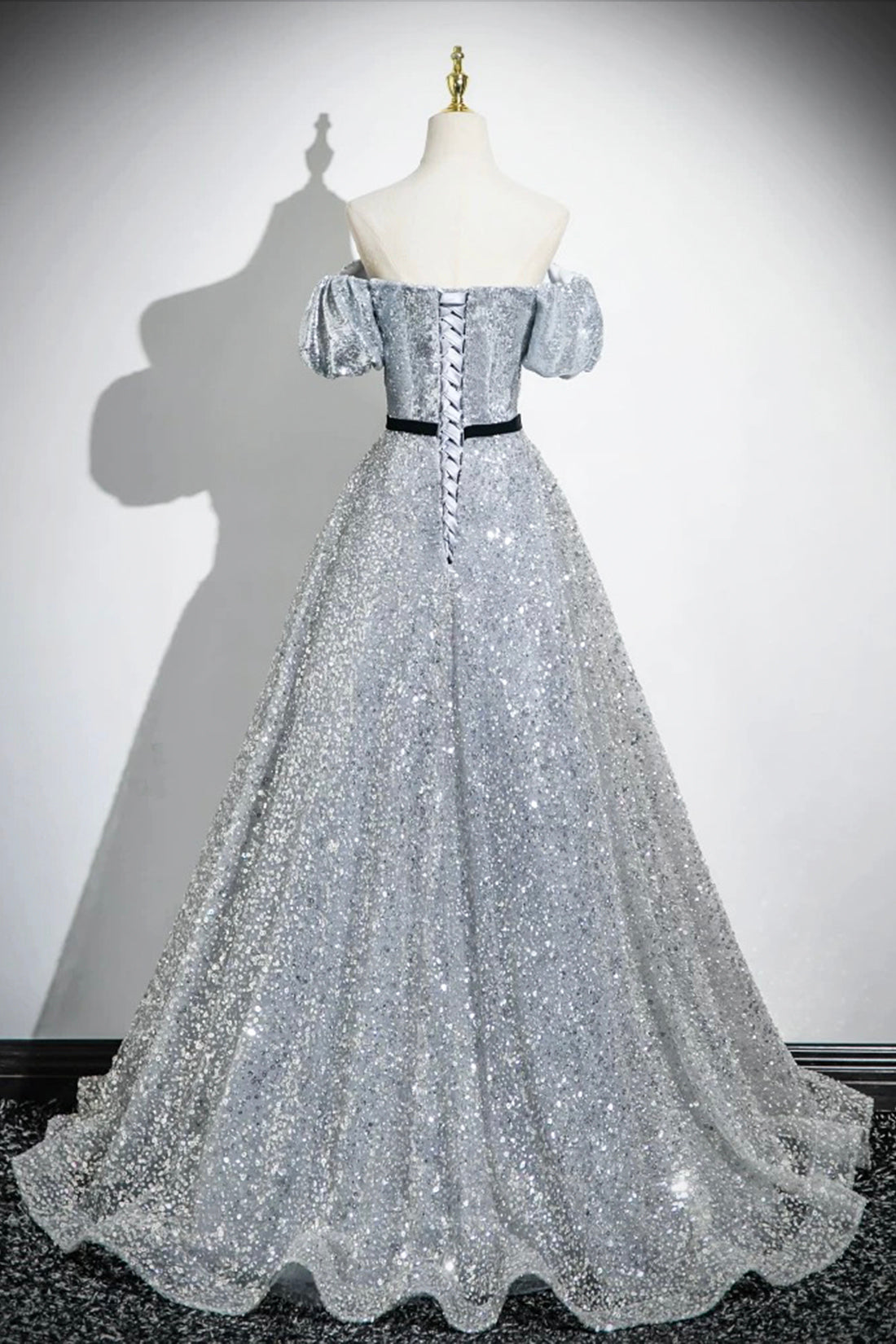 Silver Sequins Floor Length Prom Dress, Beautiful A-Line Short Sleeve Party Dress