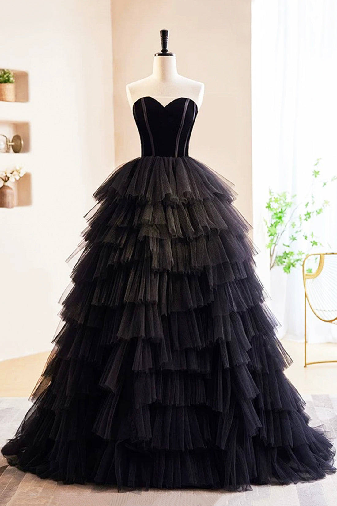 Black Layers Tulle Floor Length Formal Dress, A-Line Sweetheart Off Shoulder Evening Party Dress