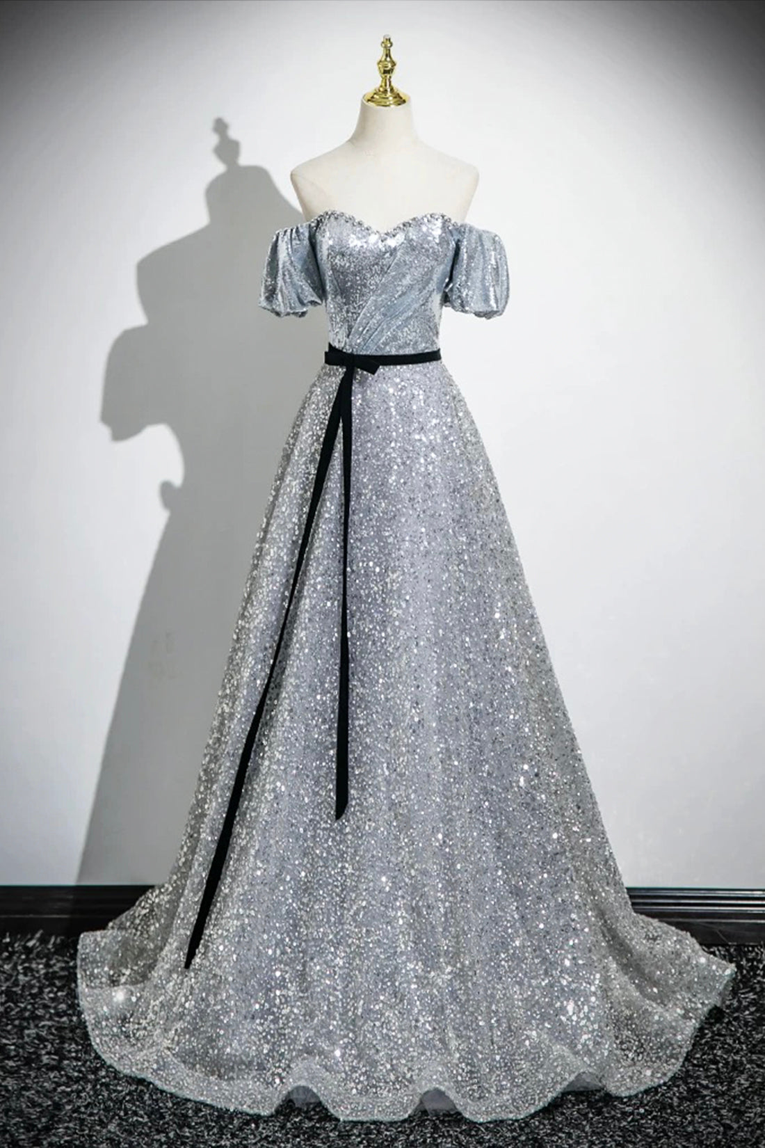 Silver Sequins Floor Length Prom Dress, Beautiful A-Line Short Sleeve Party Dress