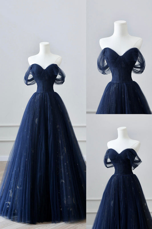 Blue Tulle Long A-Line Prom Dress with Corset, Blue Evening Party Dress
