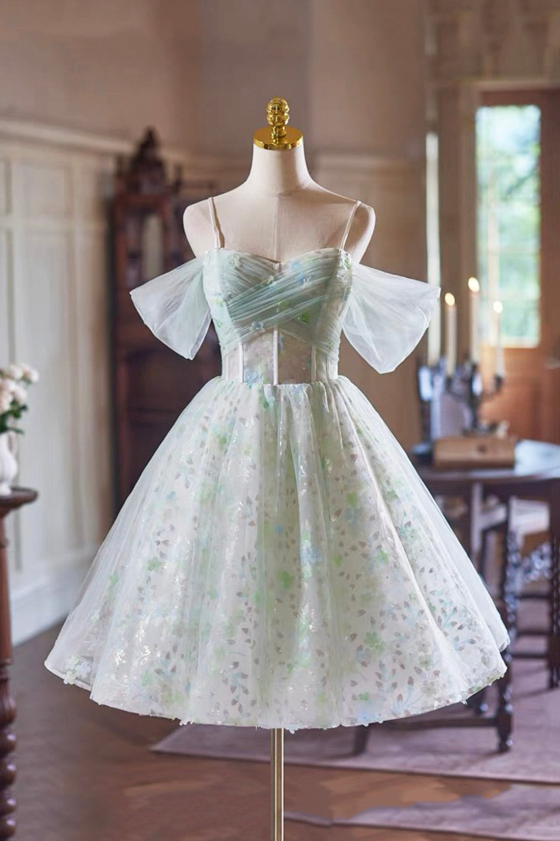Lovely A-Line Tulle Short Prom Dress, Green Off the Shoulder Evening Party Dress