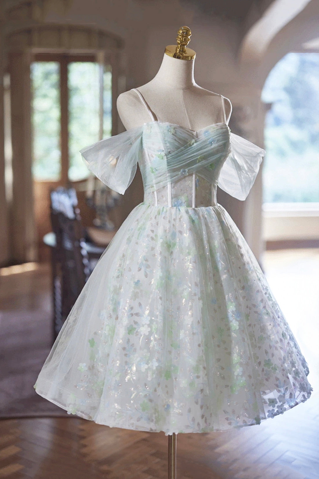 Lovely A-Line Tulle Short Prom Dress, Green Off the Shoulder Evening Party Dress